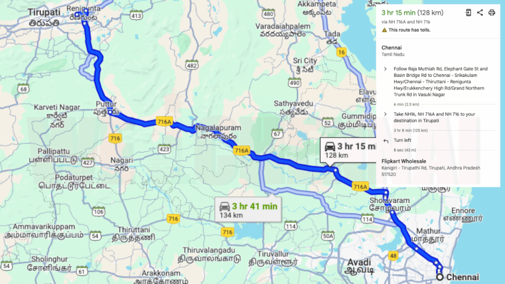 Chennai to Tripathi Flipkart Wholesale store is 128 km.